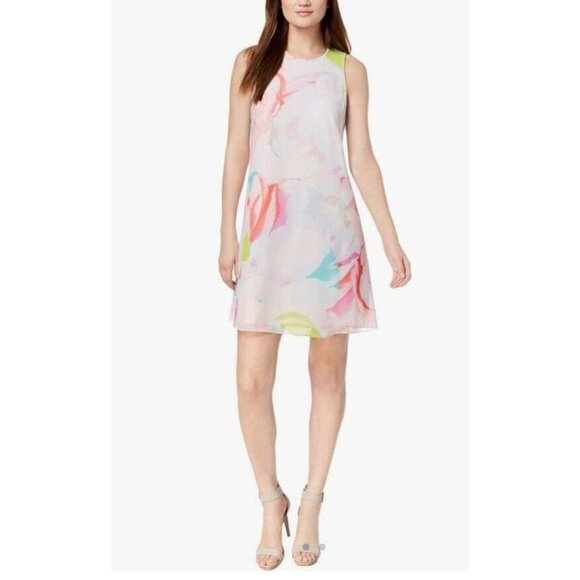 Calvin Klein Dress 12 Sleeveless Flowy Blush Floral Stretch Career Church NEW - Picture 1 of 13